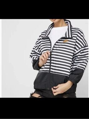 Nike Black and White Striped Track Jacket with Gold Swoosh